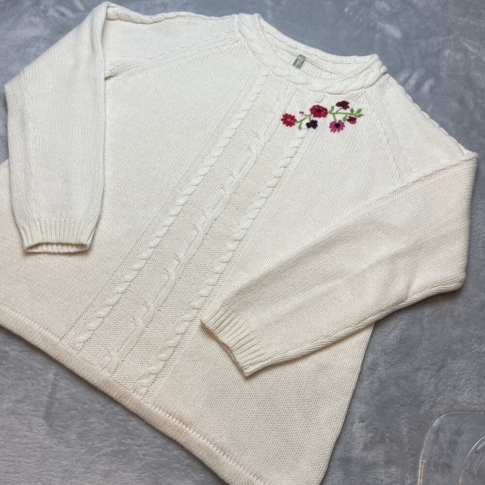 Hanna Andersson Womens Sweater XL Ivory Wool Blend Embroidered Floral Pullover